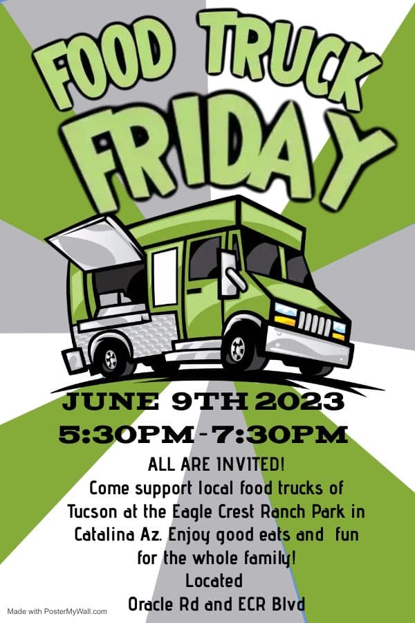 Green and white poster with a cartoon food truck, advertising Food Truck Friday.