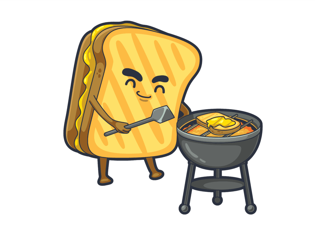 Cartoon grilled cheese sandwich with a spatula standing at a grill grilling grilled cheese sandwiches.