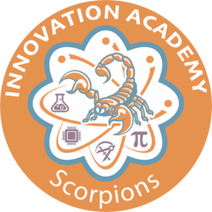 Circular badge with Innovation Academy Scorpions emblazed on the outside edge. An atom symbol with a white background decorates the middle. A large scorpion is printed on the white background. Various icons representing different aspects of science adorn the outside edges surrounding the scorpion. The whole electron graphic contains representations of orbiting electrons with their orbits lightly outlined.