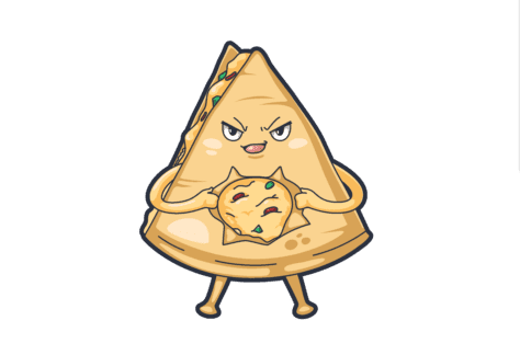 A cartoon quesadilla chip pulling apart her tortilla wrapping to expose the gooey, melted cheese inside.